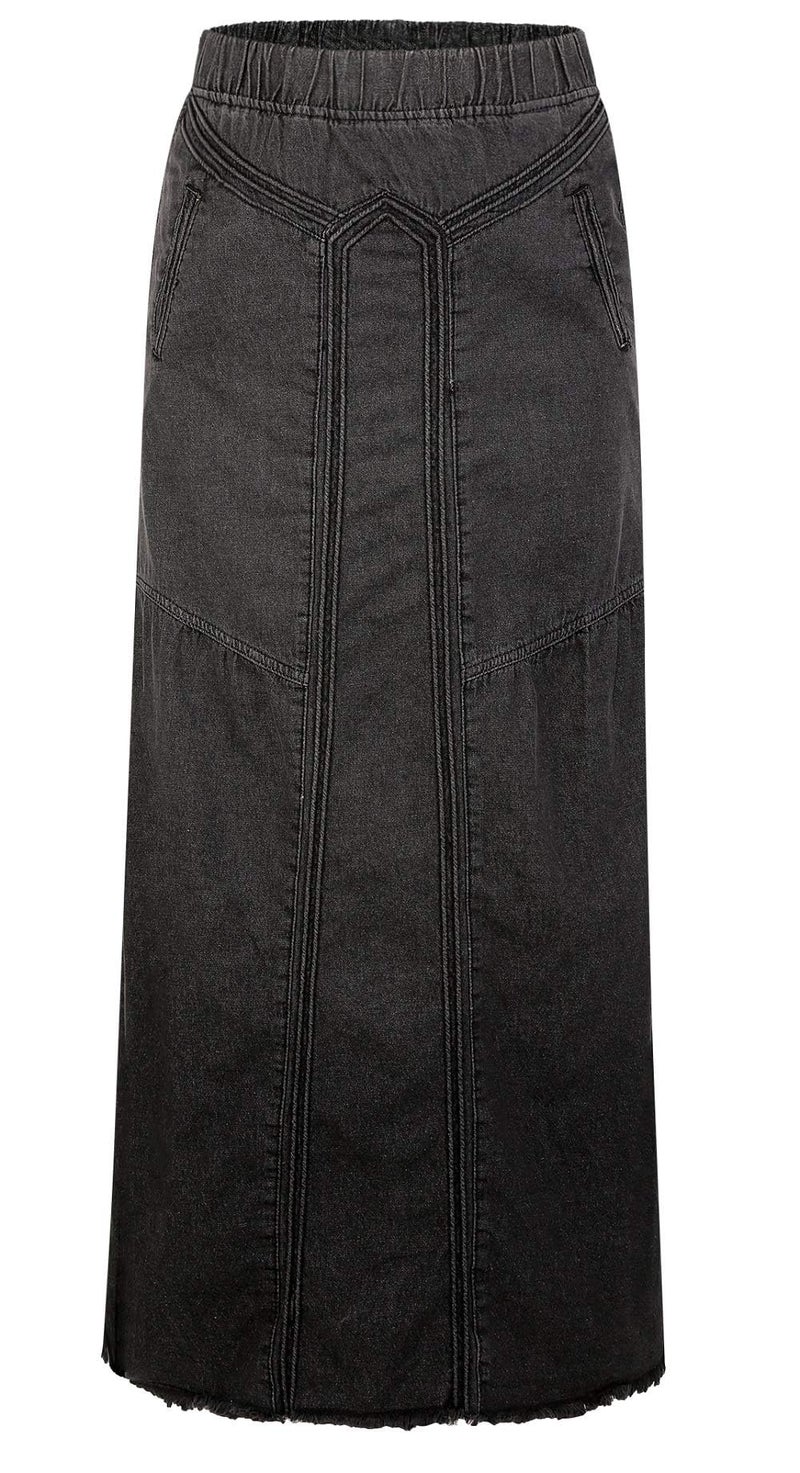 ebossy Women's Casual Elastic Waist Frayed Hem A-Line Distressed Hippie Long Maxi Denim Skirt (Small, Dark Grey) - Image 5